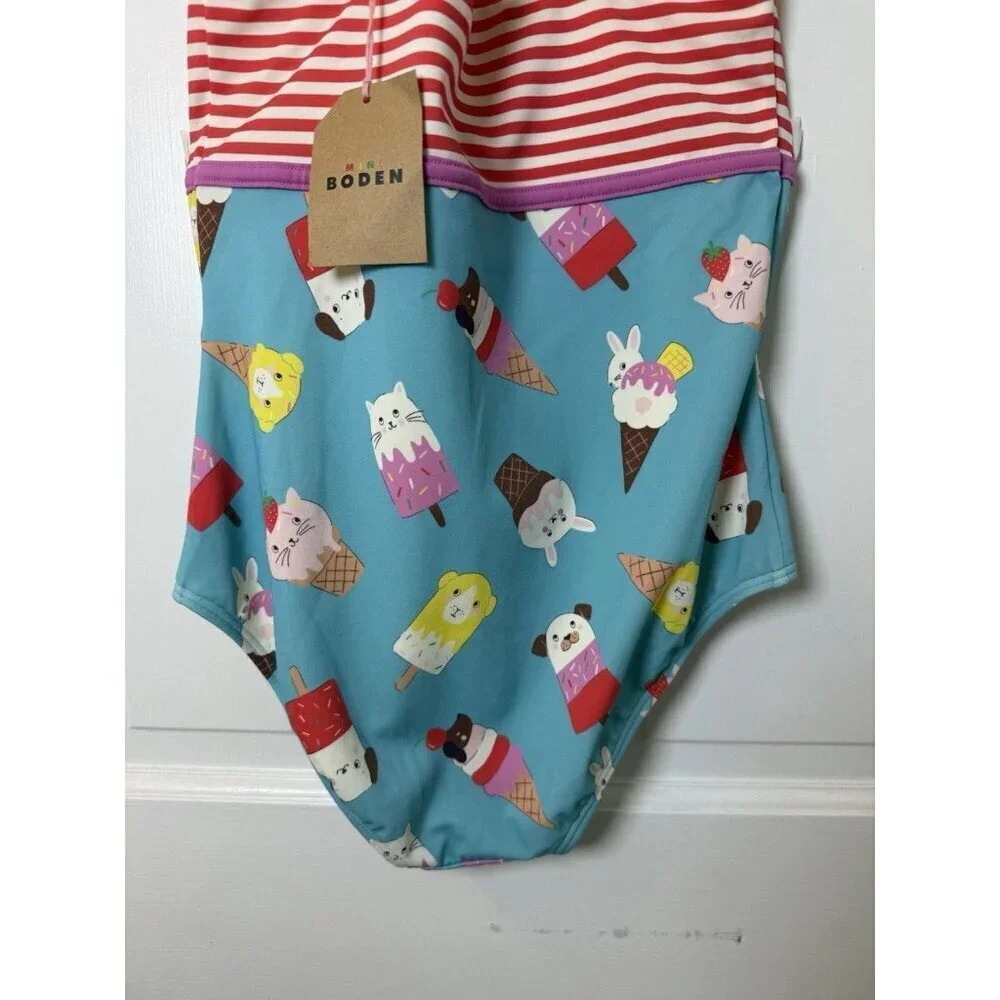 Mini Boden Hotchpotch Girls Swimsuit Stripes Ice Cream Animals Size 11-12Y NWT